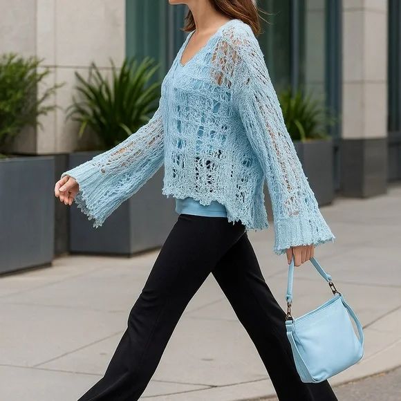 NWT POL Light Blue Distressed Open Knit Outseam Popover - Picture 2 of 5